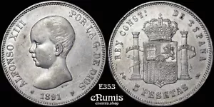 ESPAÑA, Alfonso XIII, 5 Pesetas 1891 PG-M, aXF - Imagen 1 de 5
