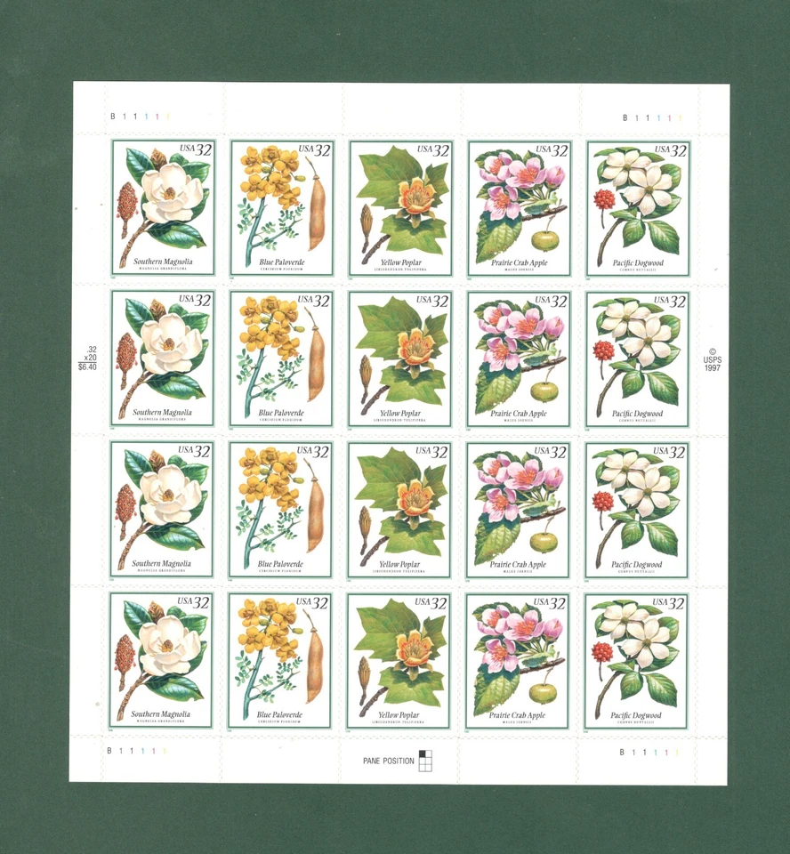 Sc # 3193-3197 ~ Full Pane ~ 32 cent Flowering Trees Issue - Image 1 of 1