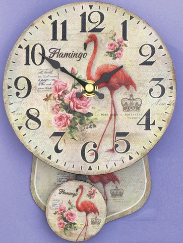 Plastic With Pendulum Wall Clock, 5.5"Dia., FLAMINGO & FLOWERS POSTCARD, Clever Cover