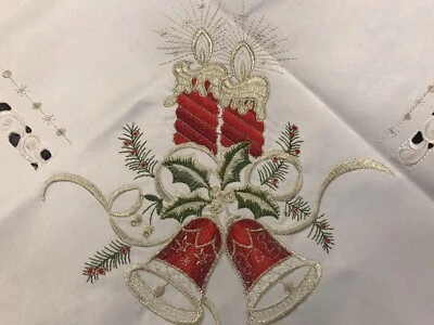 Great Quality 51" Square Beige Christmas Holiday Polyester Embroidery Tablecloth - Image 1 of 4