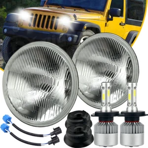 7" Crystal Clear Glass Lens Metal Headlight H4 LED Light Bulbs Headlamp Pair - Picture 1 of 19