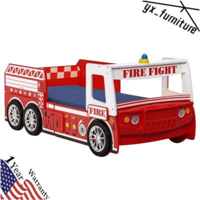 Marco de plataforma de madera para camión de bomberos tamaño doble con ruedas de cabecero para niños Foto 1 de 4