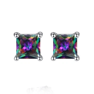 Hawaii Beach Square Colorful Zircon Stud Earrings Silver Filled For Women Girls - Image 1 of 4