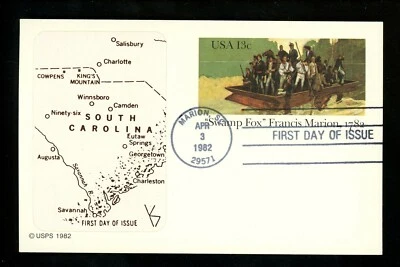 US FDC #UX94 VKS Label 1982 Marion SC " Swamp Fox " Francis Marion Postal Card - Image 1 of 2