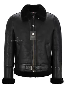 Herren B3 RAF Lammfell echtes Scherfell Jacke mit Gürtel schwarz/schwarz Bomber NV-47 - Bild 1 von 10