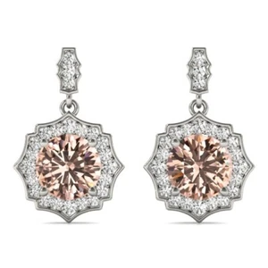 NEW 14K WHITE GOLD DIAMOND & MORGANITE SCALLOPED ROUND HALO DANGLING EARRINGS - Picture 1 of 4