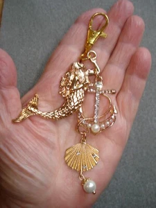 5 3/4" Drop Gold Plate Mermaid, Shell, Pearl & Rhinestone Anchor Key Ring Dangle - Picture 1 of 5