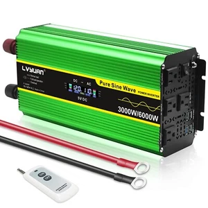 3000W 6000W Pure Sine Wave Power Inverter 12V/24V to 120V 4AC 4USB Remote Green - Picture 1 of 23