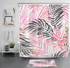 Tropical Plants Pink and Grey Palm Leaf Shower Curtain Set for Bathroom Decor