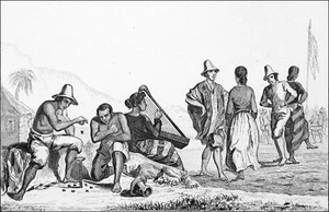 CHILE - GAME OF LOS POROTOS and DANCES to the sound of the HARP -Engraving 19th - Picture 1 of 2