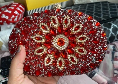 Bolso de Noche Girasol Rojo Estrás Lujo Cuentas Bolso sin asas Cartera Oro Borde Cadena Foto 1 de 4