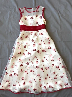 Vestido de Fiesta Bonnie Jean Niña 14 Blanco Satinado Rojo Bordado Transparente Superposición Boda Foto 1 de 4