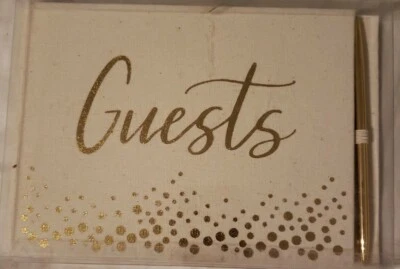 NIB David Tutera WEDDING or PARTY GUEST BOOK Cream Burlap and Gold + Gold Pen  - Image 1 of 4