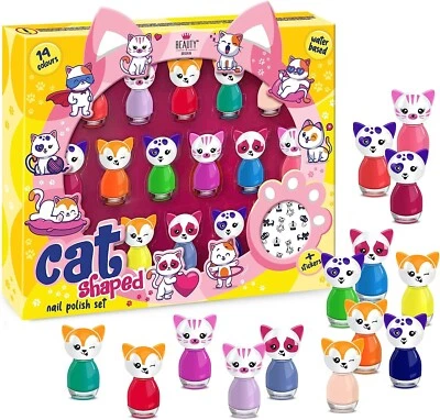 BEAUTY4BRITAIN Kids Nail Polish Cat Shaped Peel-off Water Based Set of 14 Different Colours