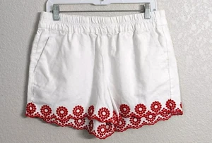 Woman's J.Crew Size M Linen/Cotton White Shorts Red Eyelet Embroidery Pockets - Picture 1 of 7