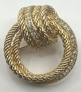 Christian Dior 70s 80s Twisted Rope Knot Clear Rhinestone Gold Tone Brooch - Picture 1 of 7