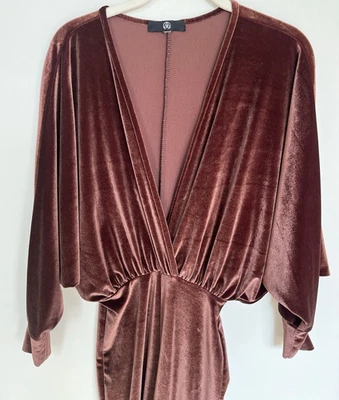 Chocolate Brown MissGuided Women's Size 2 Long Sleeve V-Neck Velvet Jumpsuit - Image 1 of 4