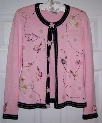 Cárdigan Vintage Jack B Quick Petites Rosa Cuentas Martinis Caniches Rosas Talla PP Foto 1 de 4