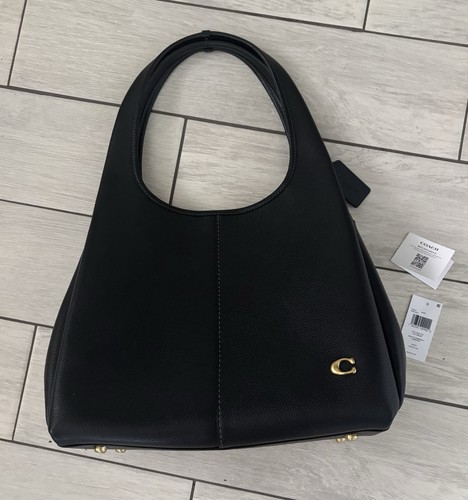Coach Lana Borsa a tracolla grande nera ottone in pelle di ciottoli lucida CM544