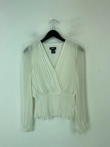 DKNY Ivory Plain Pleated Blouse Wrap V Neck Long Sleeve Sheer Hem XS - Picture 1 of 8