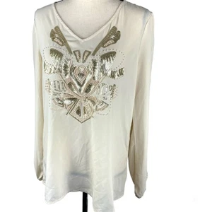 BKE Boutique Beaded Chiffon Blouse Shirt Long Slit Sleeve Cream Top Womens Med - Picture 1 of 15