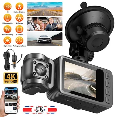 ‌4K Triple Lens Dash Cam w/ WiFi App Control & 32GB Card Front/Cabin/Rear - Image 1 of 4