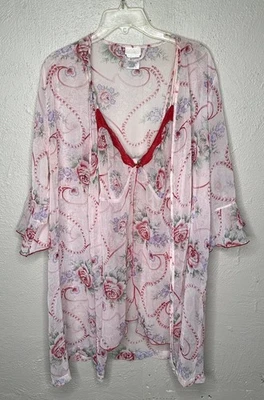 Secret Treasure Red/Pink Floral Sheer Robe & Top Set Size Large Rose No Belt - Image 1 of 4