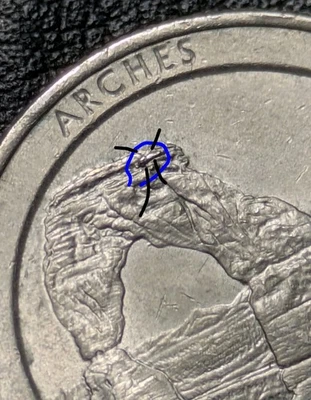 2014-P 25c ATB Arches Quarter ERROR Die Chip Error "Extra Rock" & Struck Through - Image 1 of 4