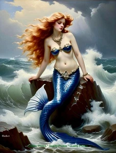 Impresión fotográfica Deep Blue Mermaid in Rough Seas 8,5x11" estilo de arte Falero/Harker - Imagen 1 de 1