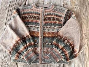Vintage Rachel Grimmer handgefertigter Wollpullover Strickjacke Ballonärmel braun grün - Bild 1 von 14
