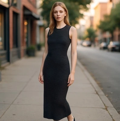 Theory Koldeen O Noble Wool Midi Dress Striped Size L Blue Black Luxury Career - Image 1 of 4