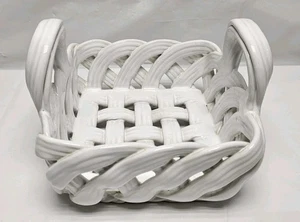 Cesta de frutas cuadrada de celosía blanca tejida de cerámica 6,5"x5" Portugal - Imagen 1 de 8