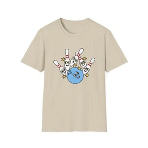 Funny Bowling T-Shirt with Cartoon Bowling Ball and Pins Design - Picture 1 of 4