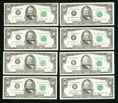 1981-1985-1988-1993 8 DIFFERENT $50 BILLS HQ CHICAGO BOSTON NEW YORK KANSAS CITY - Image 1 of 2