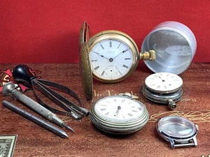 🔥ANTIQUE POCKET WATCH LOT Parts & Tools 1 WILL TICK SOME, Others 2Fix COME SEE - Picture 1 of 14