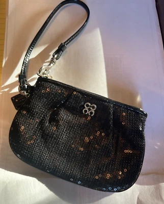 Coach Op BLACK Sequin Signature Leather Strap Small Wristlet SO SWEET 6" X 4 - Image 1 of 4
