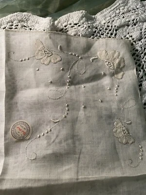 Pañuelo vintage de lino irlandés bordado a mano en Madeira blanco 13x13 algodón Foto 1 de 4