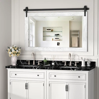 Farmhouse Mirror 42”X28” White Rustic Mirror for Wall Vanity Mirrors Barn Door S - Image 1 of 4