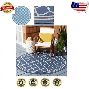 Low Pile 5'3" Round Area Rug - Easy Care Blue & Beige Design for Modern Homes - Picture 1 of 4