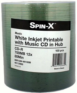 100 Spin-X Music Digital Audio White Inkjet Printable Blank CD-R CDR Disc Media - Picture 1 of 1