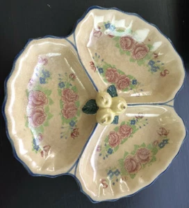 Vintage Japan 3 Abschnitte Keramik Süßigkeiten Nuss Schale Rosa Rosen Beige Blumen Pastell - Bild 1 von 8