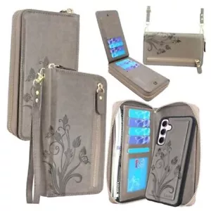 Lacass Wallet for Samsung Galaxy A35 5G, Crossbody Dual Zipper Floral Gray - Picture 1 of 7