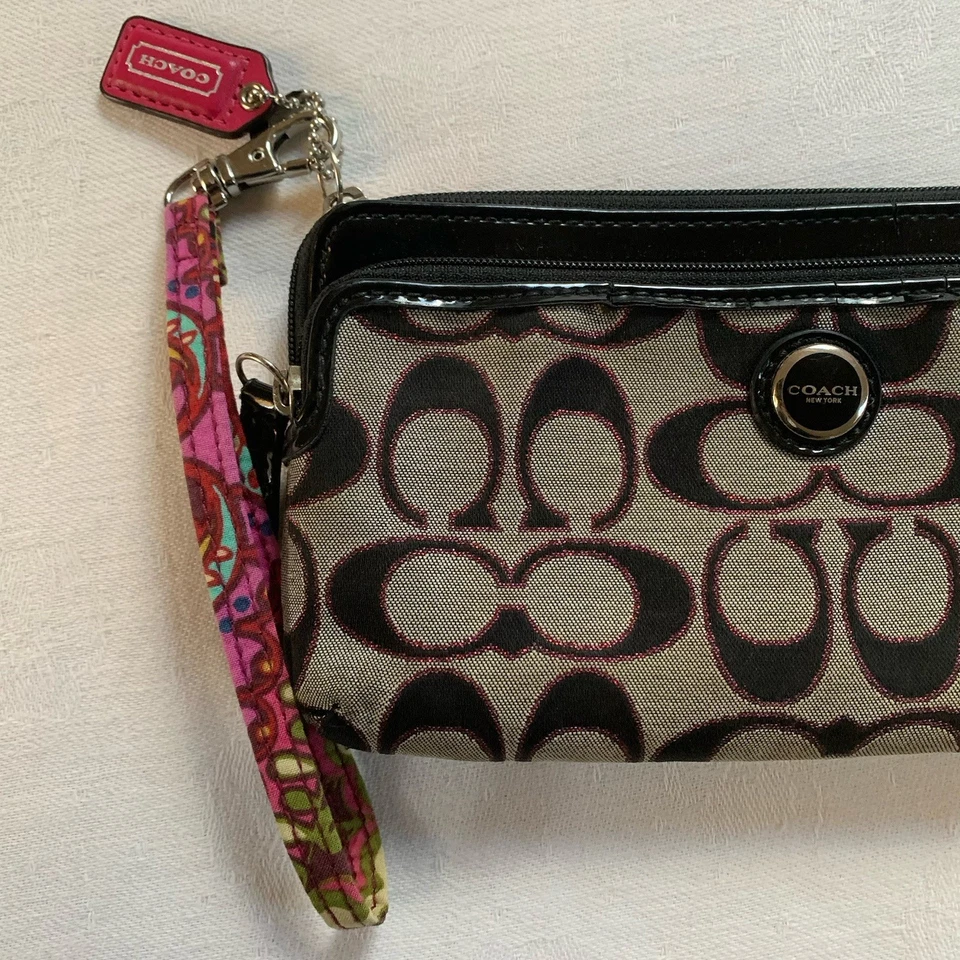 Coach Black Signature Coated Canvas Double Zip Wristlet patent leather trim - Image 1 of 4