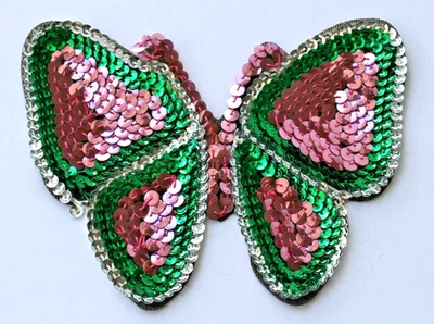 Винтажная аппликация розовая бабочка 1970-е с блестками - Изображение 1 из 3