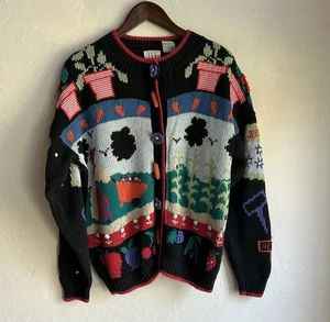 Vintage IVY Strickjacke Pullover M Neuheit Garten Pflanze Dame Blumen Obst Gemüse - Bild 1 von 8