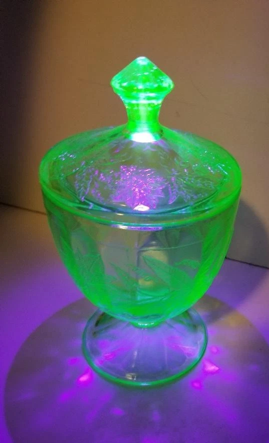 Jeannette Floral Footed Green Uranium Depression Glass Lidded 6" Candy Dish-MINT - Image 1 of 4