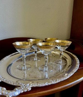Vintage Champagne Coupes 1940's Cocktail Glasses Gold Encrusted Barware Set~5 - Image 1 of 4
