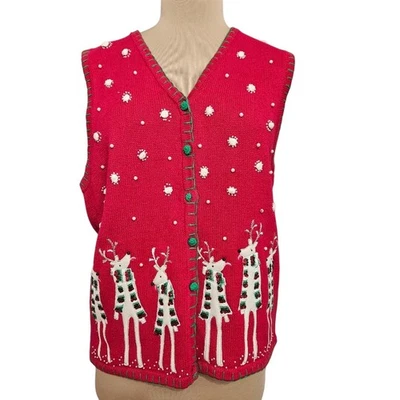 Kim Rogers Rojo Vacaciones Suéter Chaleco XL Bordado Reno Navidad Tejido Cardi Foto 1 de 4
