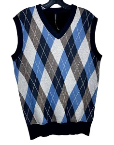 Chaleco Suéter Para Hombres Medio Azul Argyle Diamante Mezcla de Algodón Preppy Dark Academia - Imagen 1 de 9