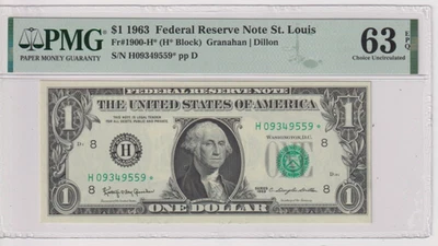 Fr 1900-H* STAR 1963 $1 FRN H09349559* bp 567 PMG 63EPQ ST LOUIS NON MULE - Image 1 of 2